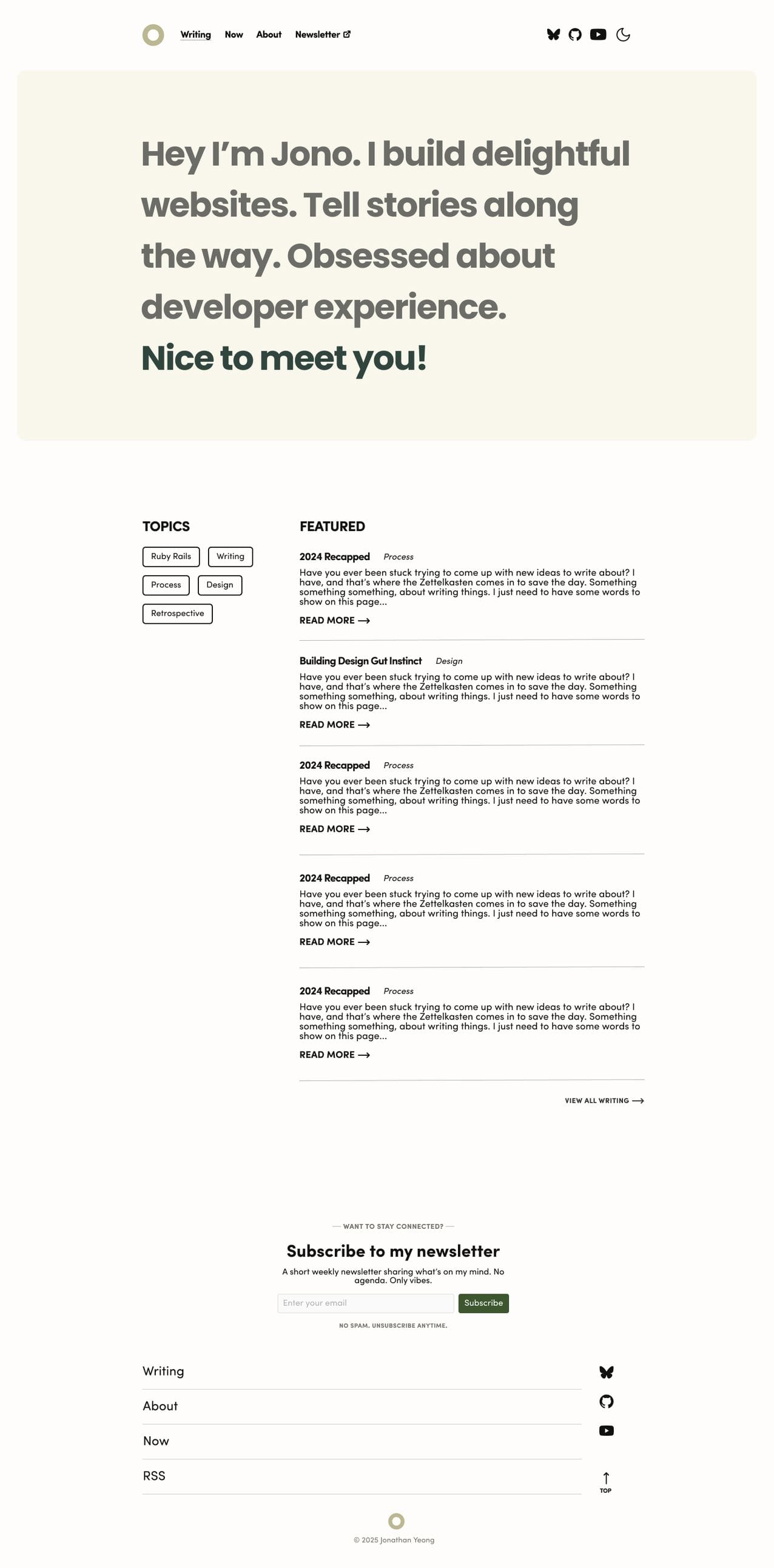 Hero text is a paragraph, featured and topics are the only other headings.